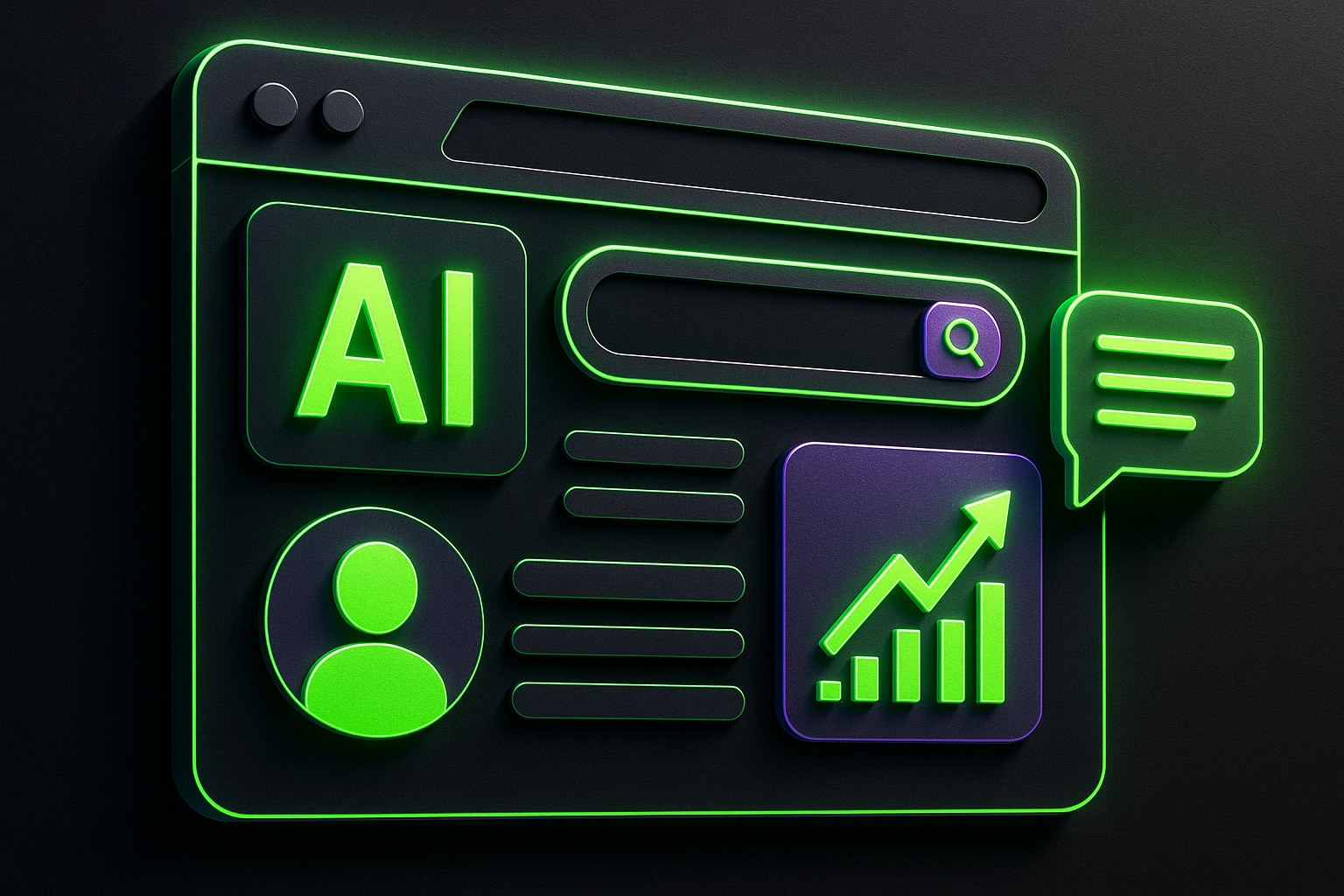 Ilustracja przedstawiająca interfejs przeglądarki z funkcjami AI w futurystycznym stylu.