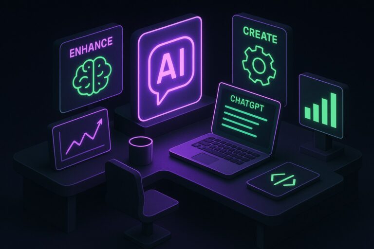 Futurystyczne biuro z narzędziami AI w stylu 2.5D, neonowe akcenty na ciemnym tle.