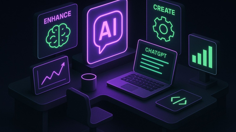 Futurystyczne biuro z narzędziami AI w stylu 2.5D, neonowe akcenty na ciemnym tle.