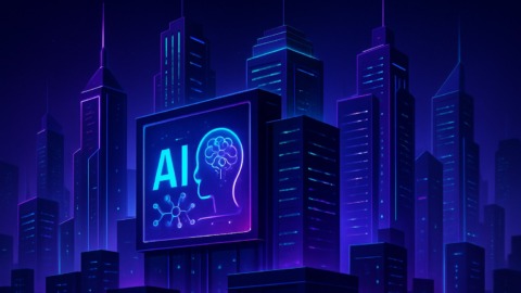 Futurystyczne miasto w stylu 2.5D z neonowymi akcentami w purpurze i zieleni.