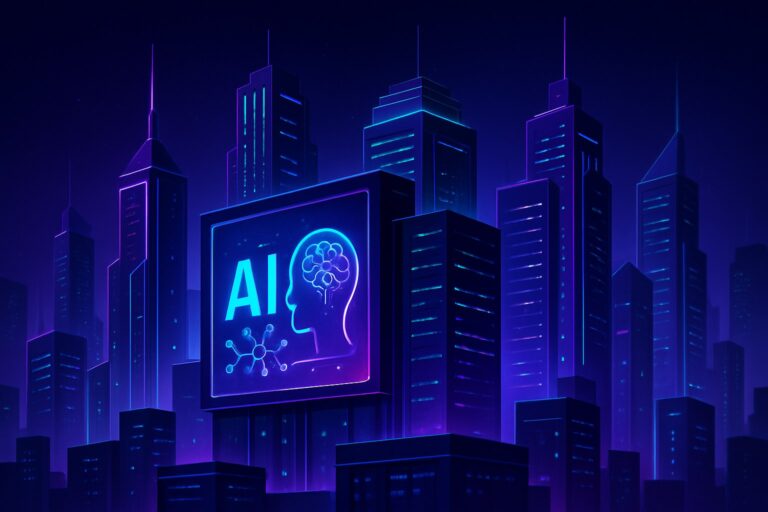 Futurystyczne miasto w stylu 2.5D z neonowymi akcentami w purpurze i zieleni.