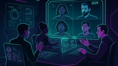 Futurystyczna sala spotkań z zaawansowaną technologią wideorozmów.