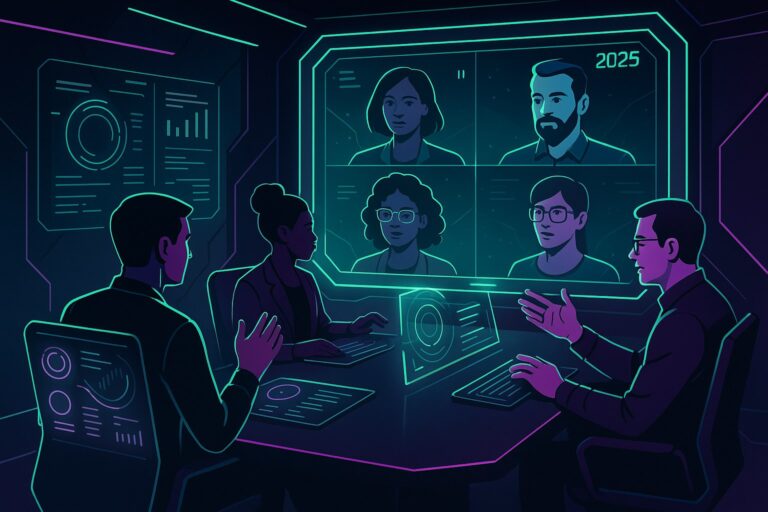 Futurystyczna sala spotkań z zaawansowaną technologią wideorozmów.