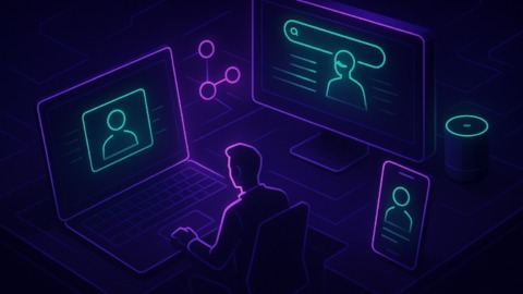 Futurystyczne biuro z produktami AI w 2025 roku, w neonowych kolorach na ciemnym tle.