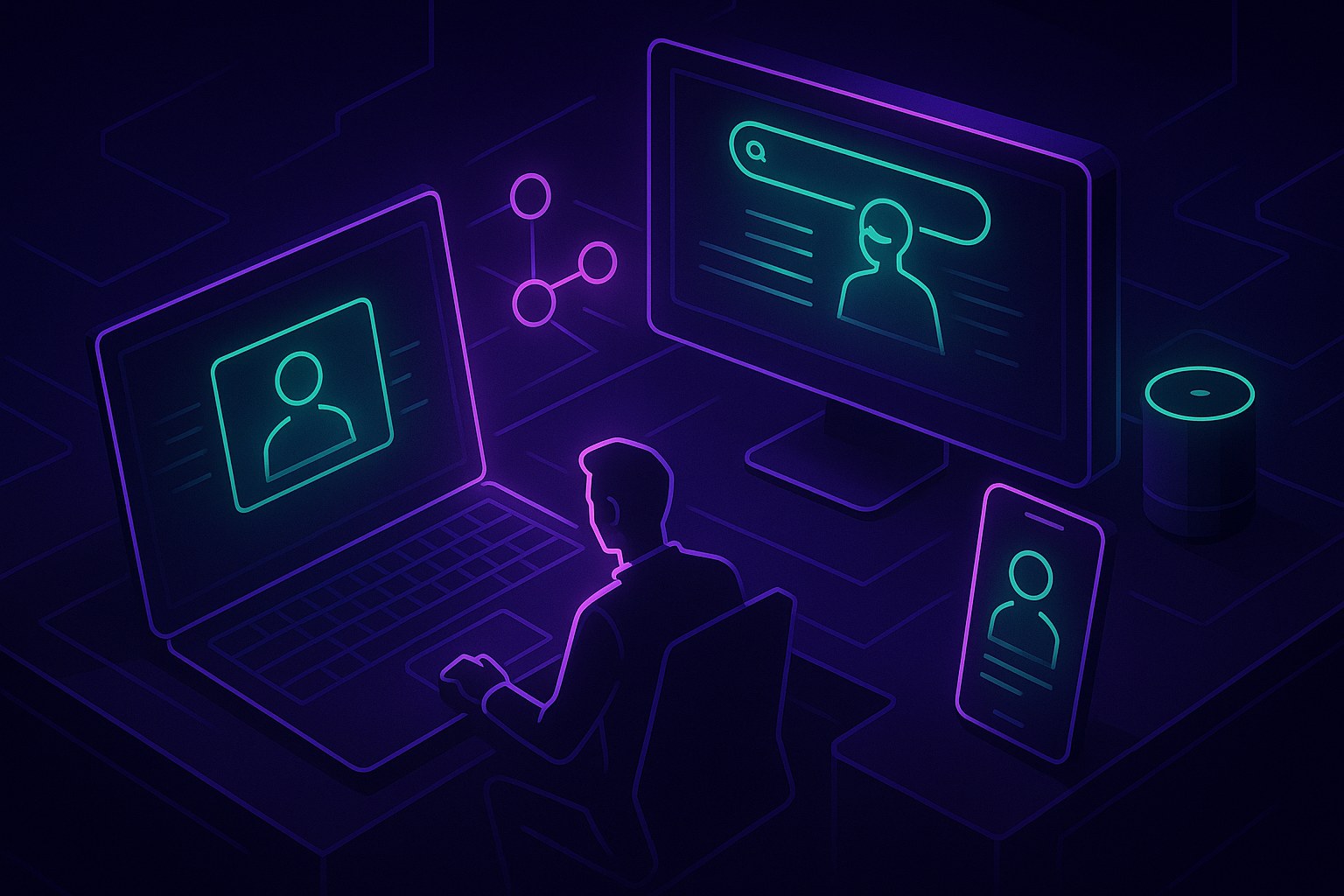 Futurystyczne biuro z produktami AI w 2025 roku, w neonowych kolorach na ciemnym tle.