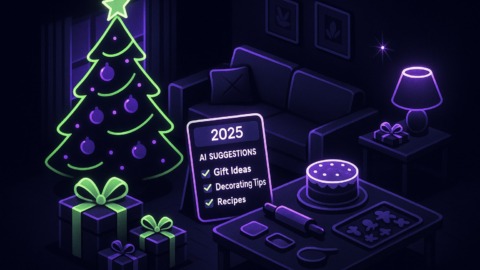 Ilustracja przedstawiająca nowoczesny pokój świąteczny z dekoracjami i urządzeniem AI.