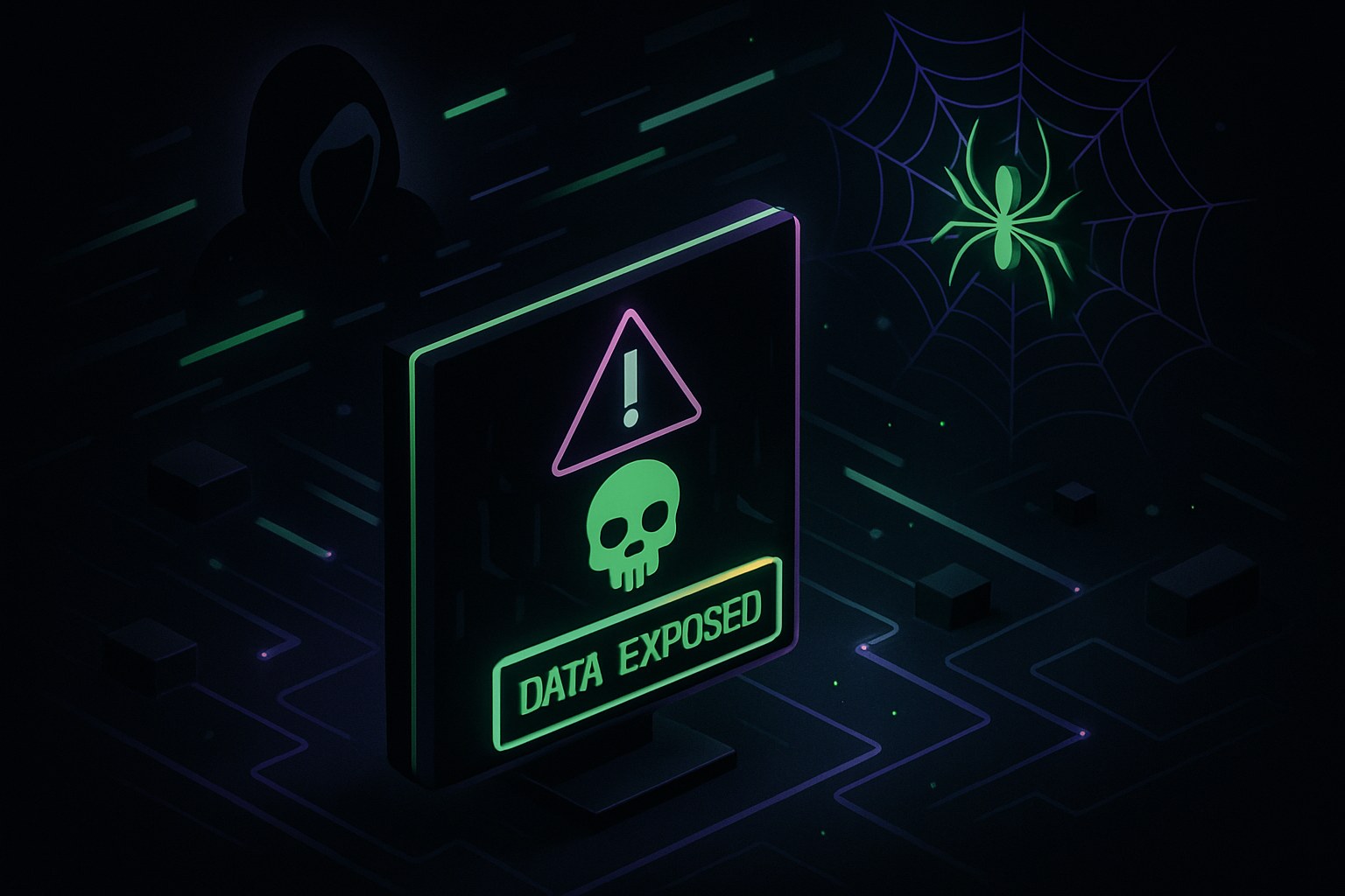 Ilustracja przedstawiająca powiadomienie o danych w dark webie w stylu 2.5D.