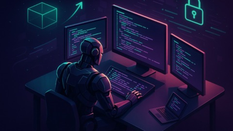 Ilustracja przedstawiająca futurystyczne środowisko programistyczne z robotem przy biurku.