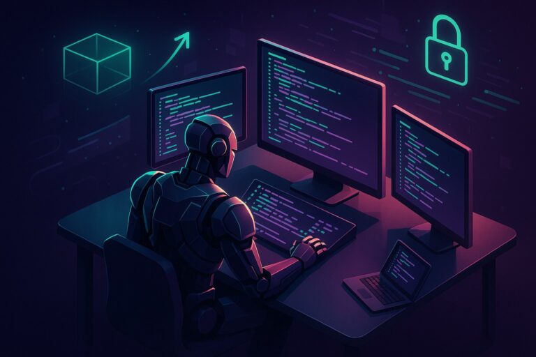 Ilustracja przedstawiająca futurystyczne środowisko programistyczne z robotem przy biurku.