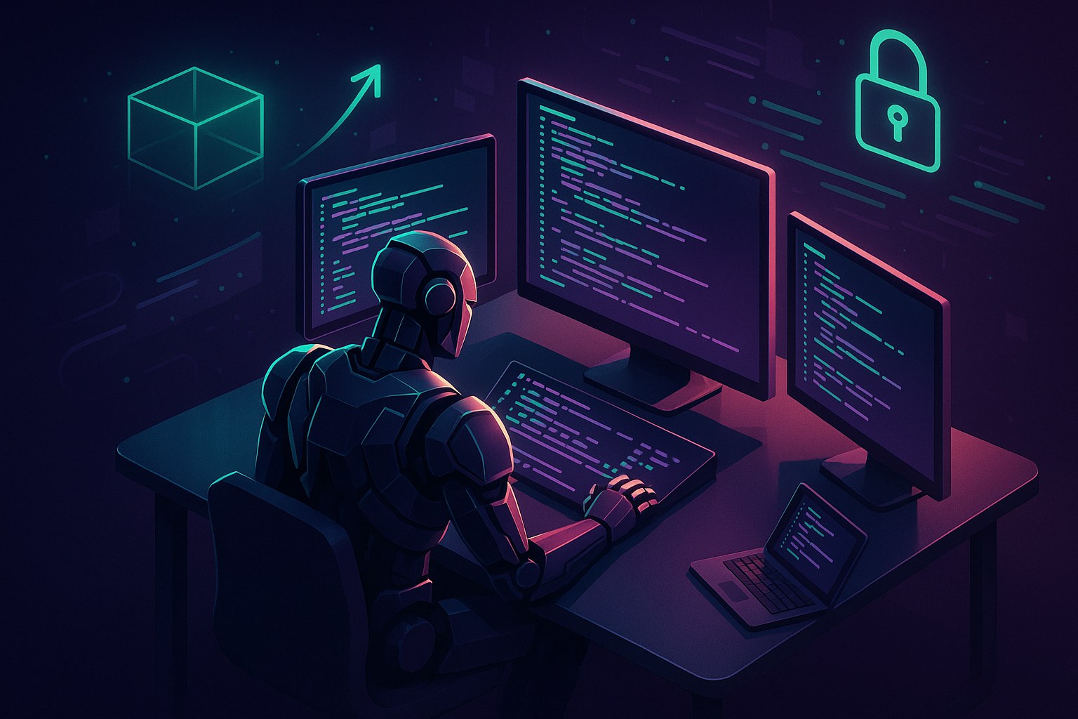 Ilustracja przedstawiająca futurystyczne środowisko programistyczne z robotem przy biurku.