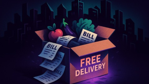 Ilustracja przedstawiająca paczkę z darmową dostawą i ukrytymi kosztami.