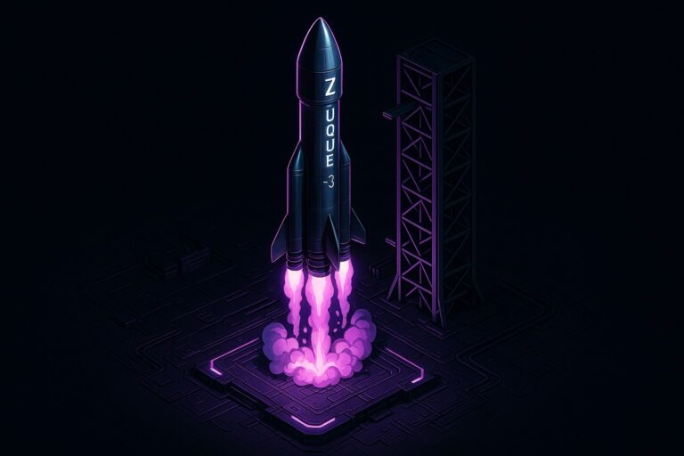 Ilustracja rakiety Zhuque-3 na tle ciemnego nieba, symbolizująca postęp w eksploracji kosmosu.