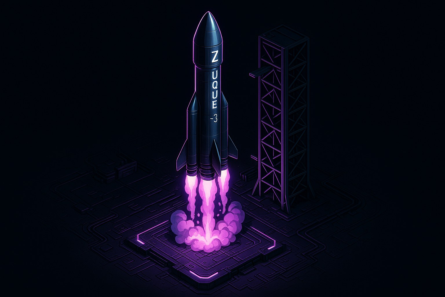 Ilustracja rakiety Zhuque-3 na tle ciemnego nieba, symbolizująca postęp w eksploracji kosmosu.