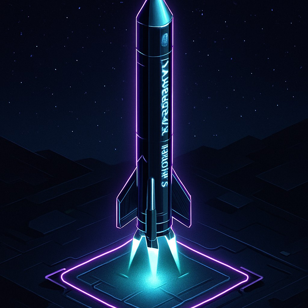 Ilustracja rakiety Zhuque-3 na tle ciemnego nieba z neonowymi akcentami.