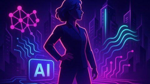 Futurystyczna scena przedstawiająca wyścig o sztuczną inteligencję w stylu 2.5D.