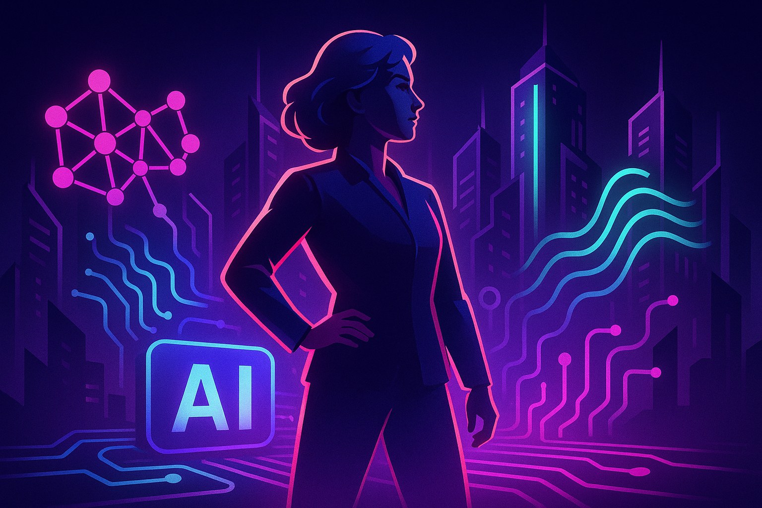 Futurystyczna scena przedstawiająca wyścig o sztuczną inteligencję w stylu 2.5D.