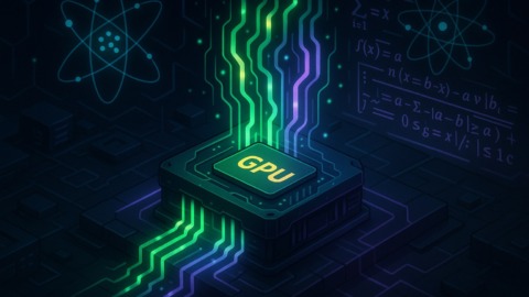 Ilustracja laboratorium z GPU i neonowymi strumieniami danych w stylu 2.5D.