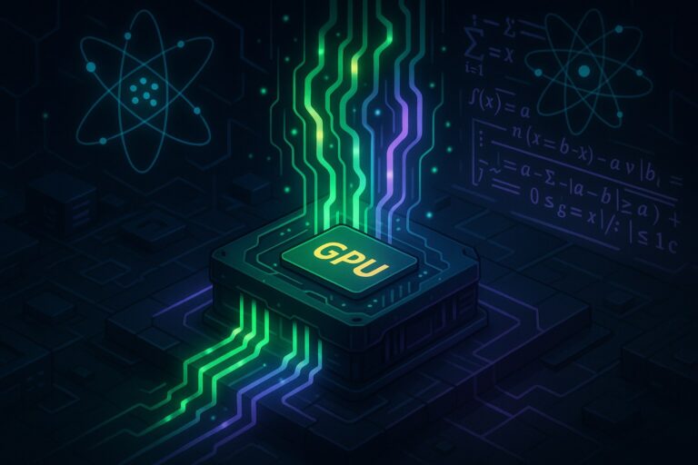 Ilustracja laboratorium z GPU i neonowymi strumieniami danych w stylu 2.5D.