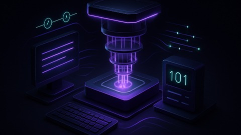 Ilustracja przedstawiająca futurystyczny komputer kwantowy w ciemnym otoczeniu.