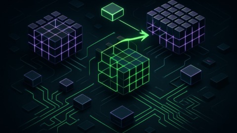 Ilustracja przedstawiająca technologię Skip Softmax w futurystycznym otoczeniu.