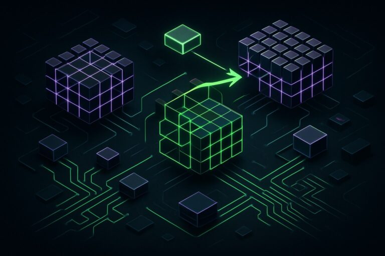 Ilustracja przedstawiająca technologię Skip Softmax w futurystycznym otoczeniu.