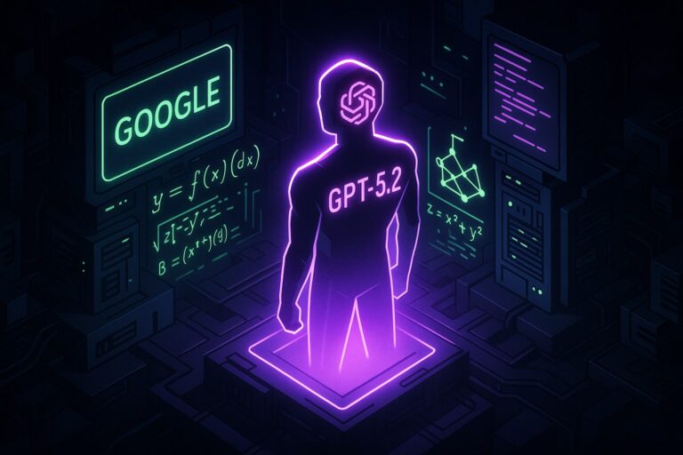 Ilustracja przedstawiająca laboratorium AI z postacią reprezentującą GPT-5.2 w ciemnej, futurystycznej scenerii.