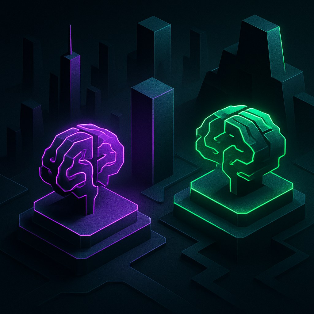 Futurystyczny krajobraz cyfrowy z abstrakcyjnymi strukturami symbolizującymi wyścig technologii AI.