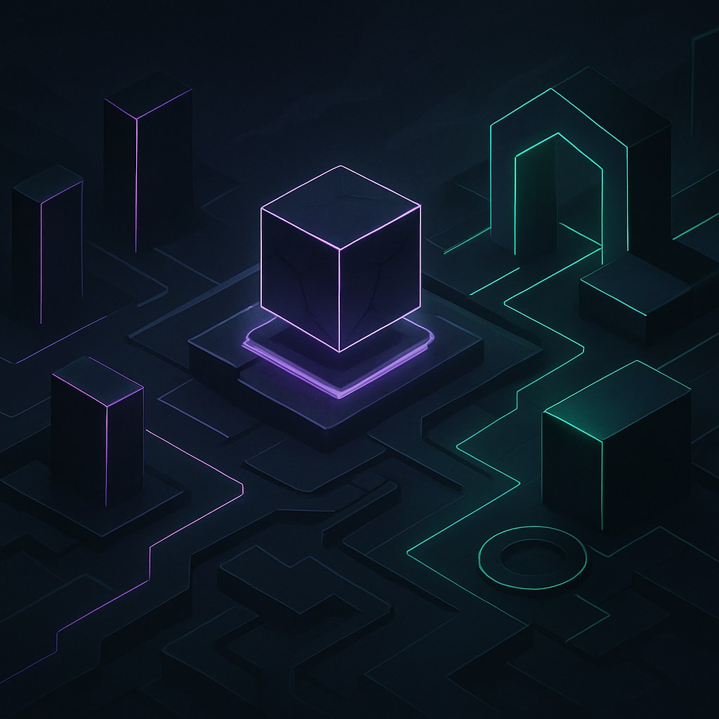 Futurystyczny krajobraz cyfrowy z abstrakcyjnymi kształtami w neonowych kolorach.