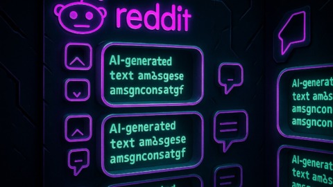 Ilustracja przedstawiająca surrealistyczny interfejs Reddita z pustymi postami generowanymi przez AI.