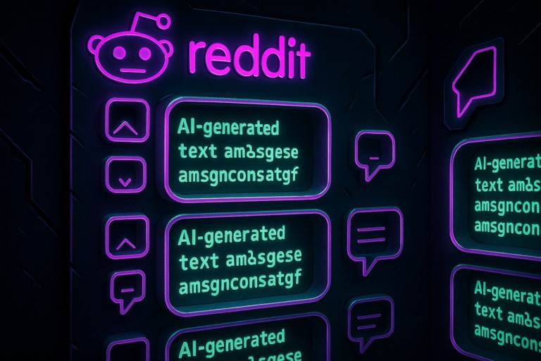 Ilustracja przedstawiająca surrealistyczny interfejs Reddita z pustymi postami generowanymi przez AI.