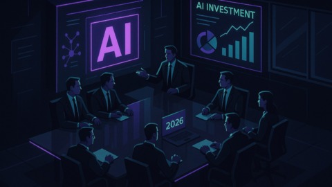 Wizualizacja sali konferencyjnej z dyskusją o wydatkach na AI w 2026 roku.