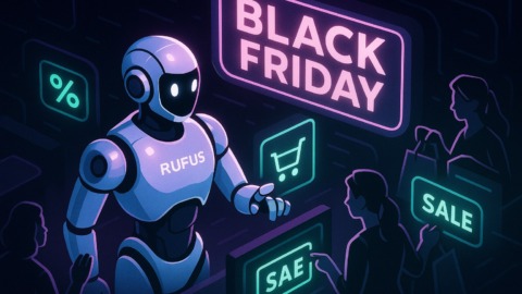 Futurystyczna scena zakupowa z chatbotem Rufusem w neonowych kolorach.