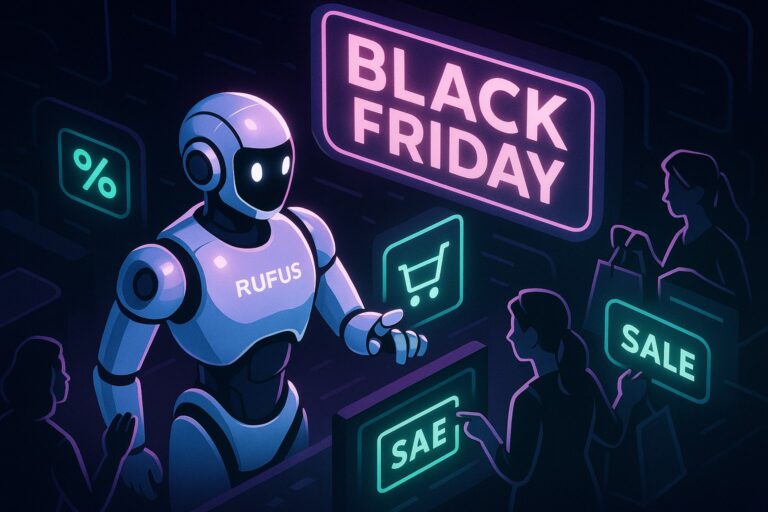 Futurystyczna scena zakupowa z chatbotem Rufusem w neonowych kolorach.