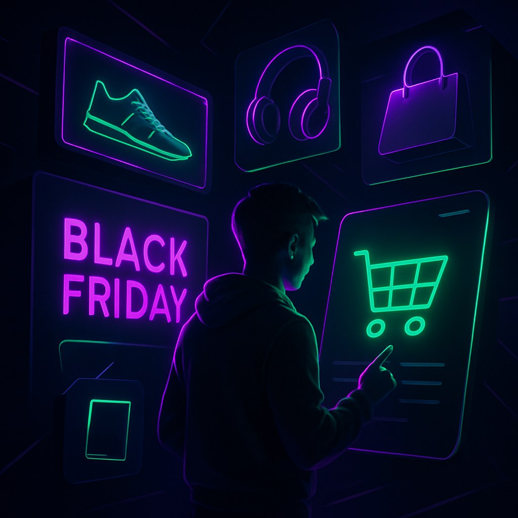 Futurystyczna scena zakupów online w stylu 2.5D podczas Black Friday.