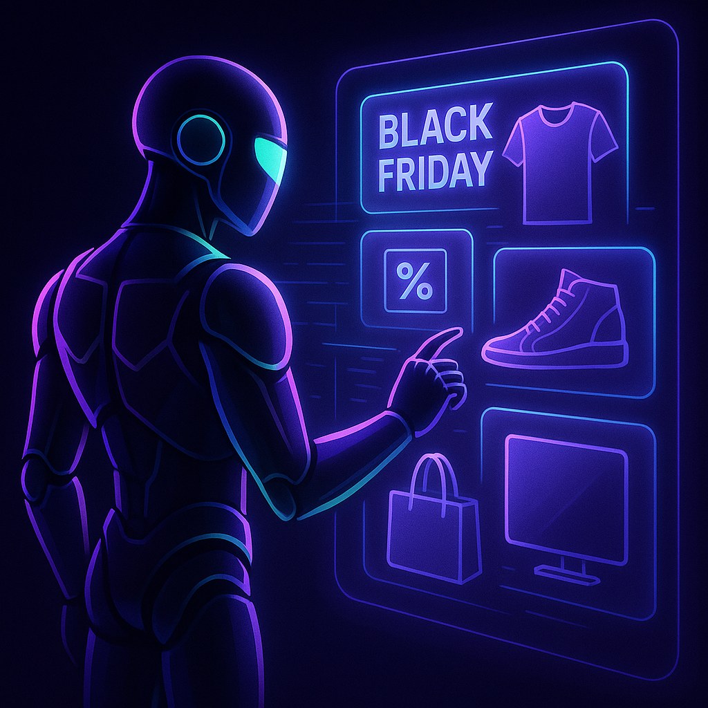 Futurystyczna scena zakupów online z cyfrowym asystentem Rufusem w stylu 2.5D.