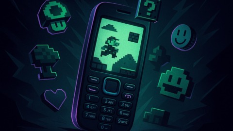 Ilustracja przedstawiająca retro urządzenie mobilne z elementami gier indie na ciemnym tle.