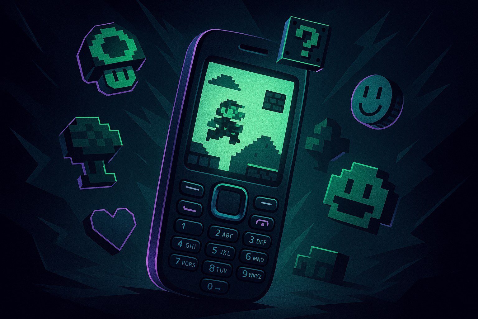 Ilustracja przedstawiająca retro urządzenie mobilne z elementami gier indie na ciemnym tle.