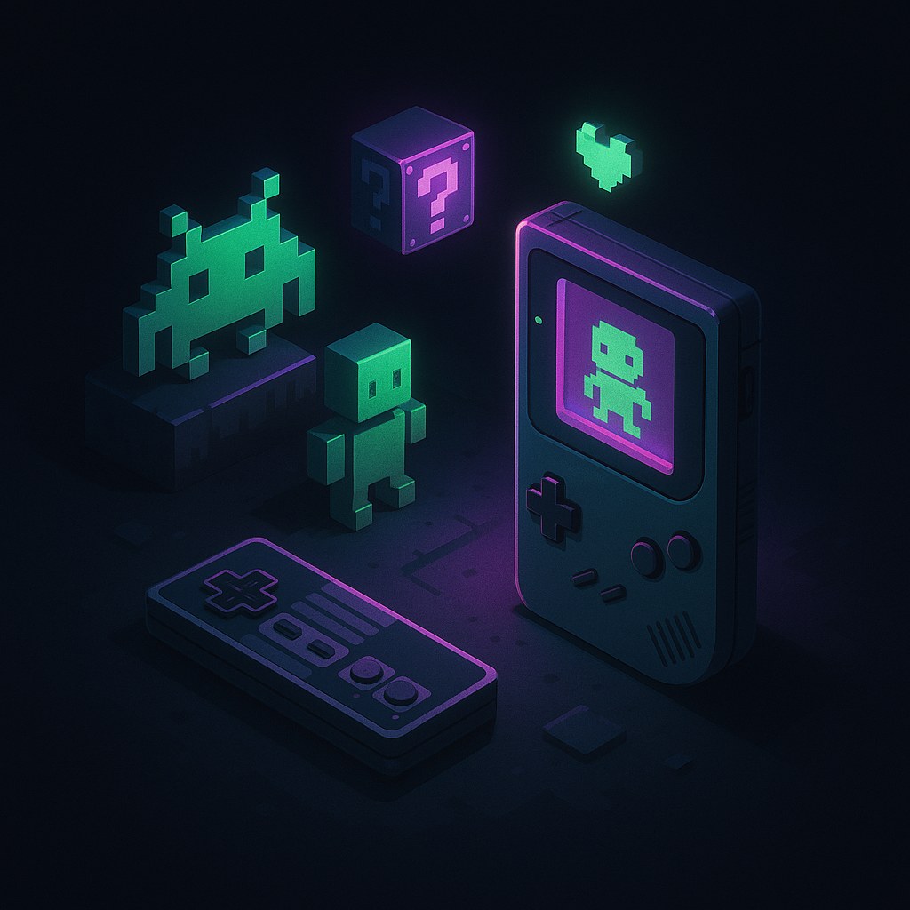 Ilustracja przedstawiająca nostalgiczne elementy gier mobilnych w stylu 2.5D.