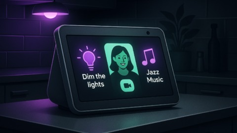 Nowoczesny wyświetlacz w kuchni, sterujący inteligentnym domem i wideorozmowami.