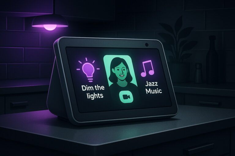 Nowoczesny wyświetlacz w kuchni, sterujący inteligentnym domem i wideorozmowami.