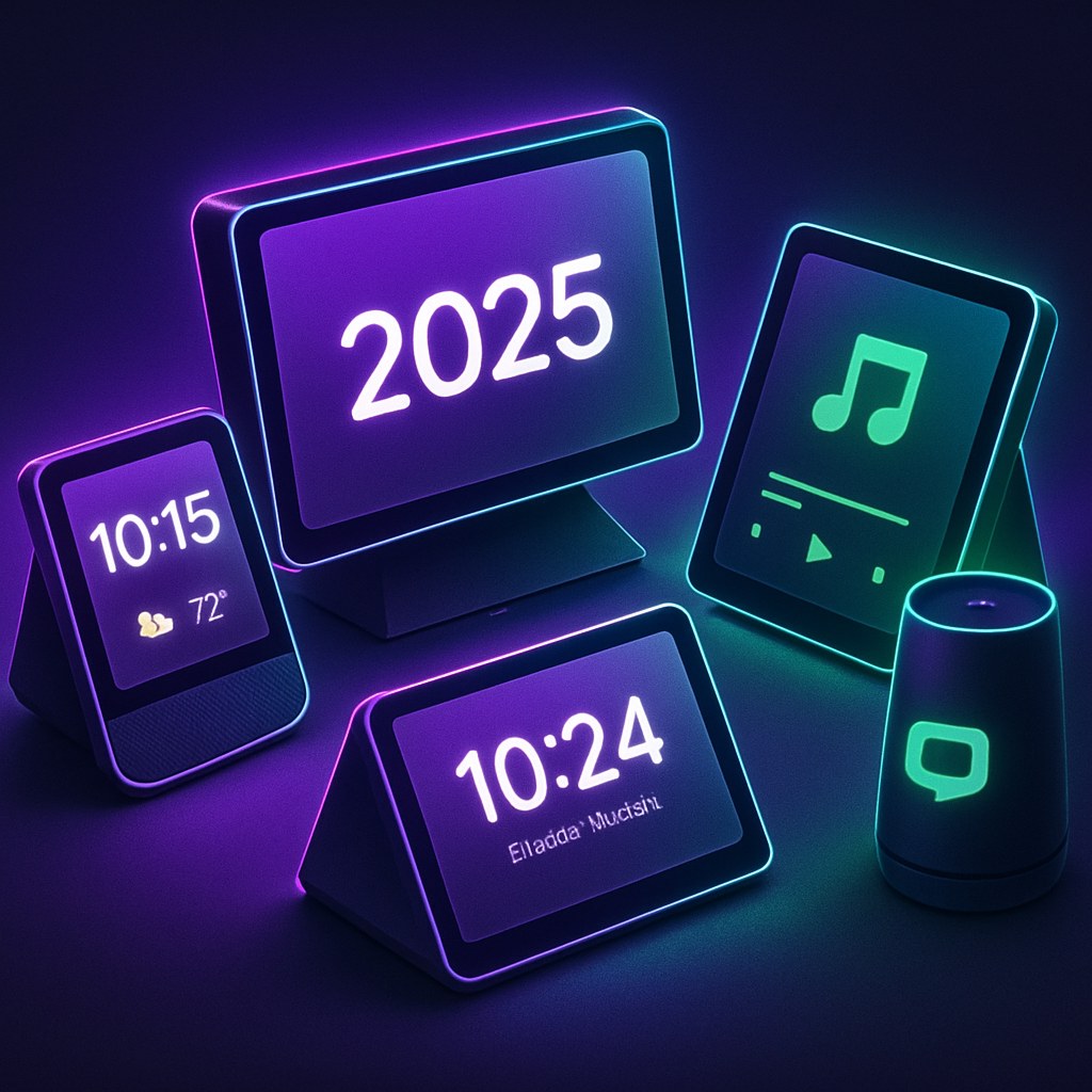 Ilustracja przedstawiająca nowoczesne wyświetlacze smart w futurystycznym stylu.