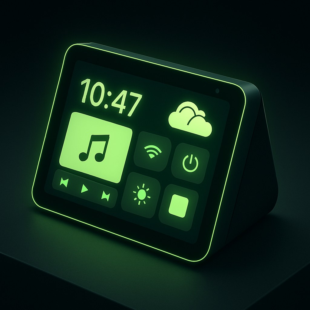 Ilustracja nowoczesnego wyświetlacza na ciemnym tle z neonowymi akcentami.