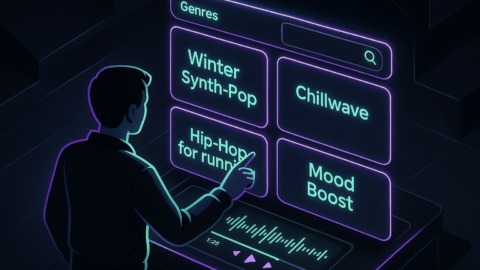 Ilustracja przedstawiająca interfejs muzyczny w futurystycznym stylu.