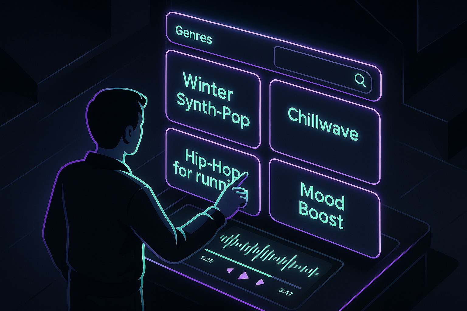 Ilustracja przedstawiająca interfejs muzyczny w futurystycznym stylu.