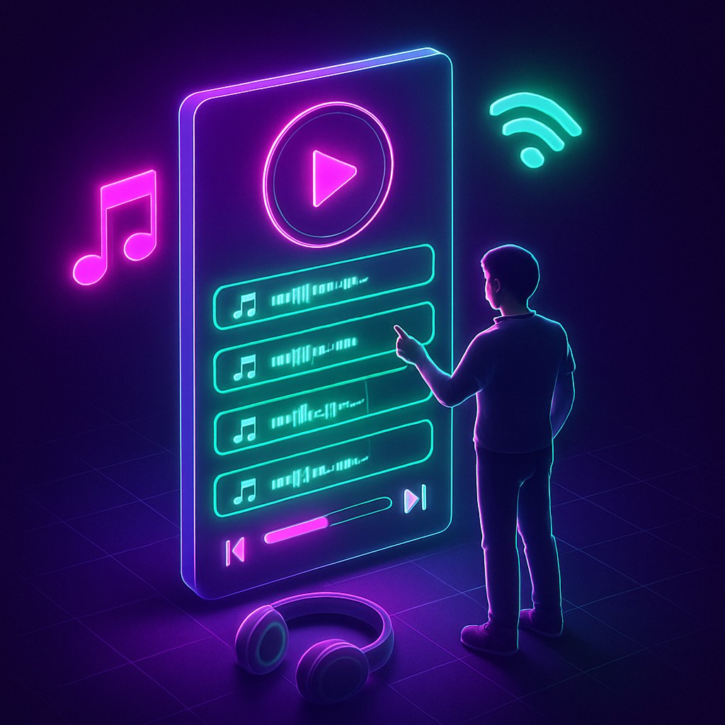 Ilustracja przedstawiająca interfejs muzyczny w stylu 2.5D z neonowymi akcentami.
