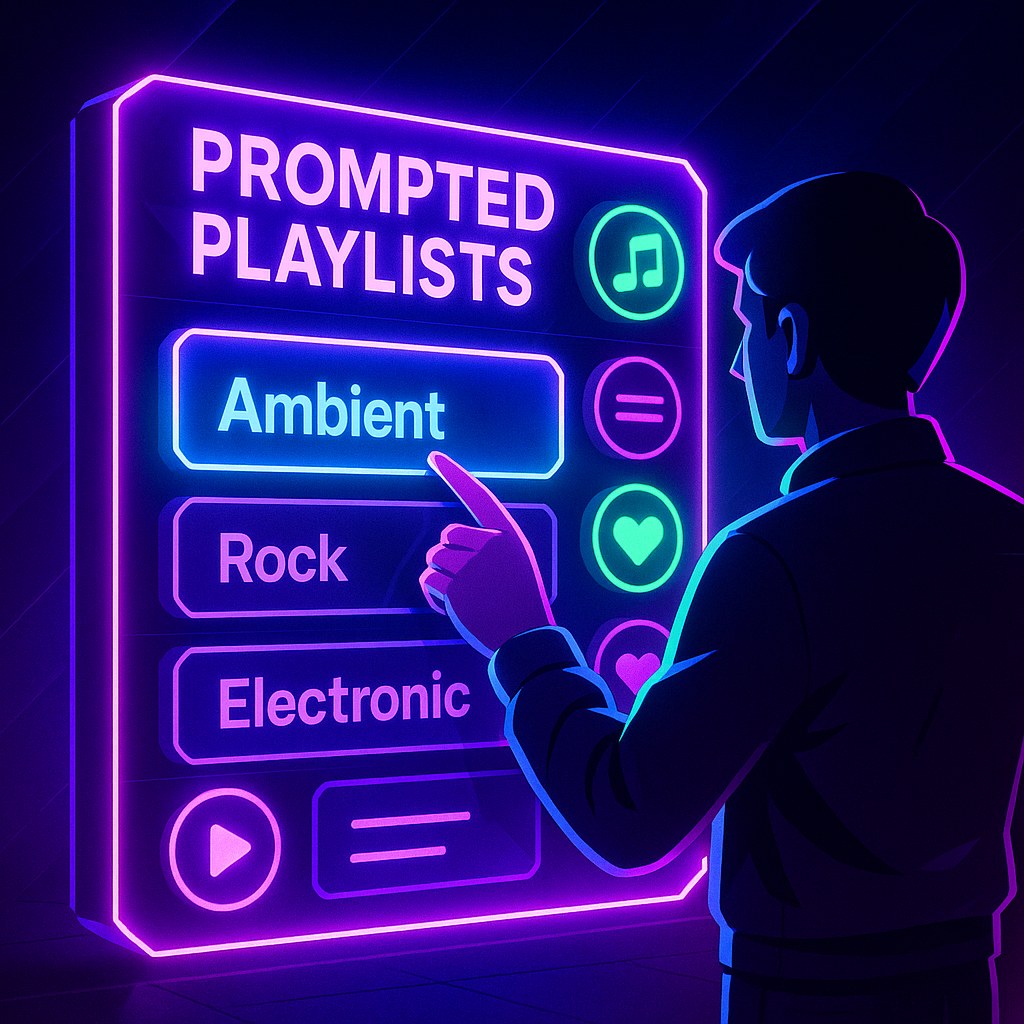 Ilustracja przedstawiająca interfejs muzyczny z holograficznymi playlistami w neonowych kolorach.