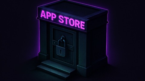 Ilustracja przedstawiająca wejście do sklepu aplikacji z elementami weryfikacji wieku.