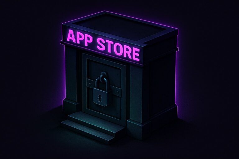 Ilustracja przedstawiająca wejście do sklepu aplikacji z elementami weryfikacji wieku.