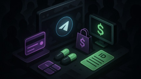 Ilustracja przedstawiająca mroczny rynek cyfrowy na Telegramie z neonowymi akcentami.