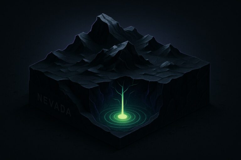 Ilustracja przedstawiająca ukryty zasób geotermalny w Nevadzie na ciemnym tle.